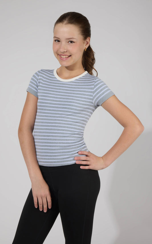 Tween Girls Rib Seamless Stripe Short Sleeve Tee 2 Pack