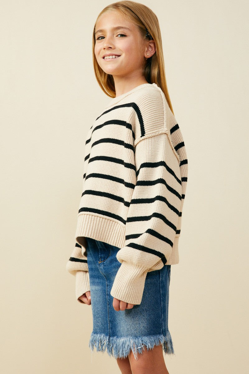 Girls Drop Shoulder Puff Sleeve Striped Sweater Top