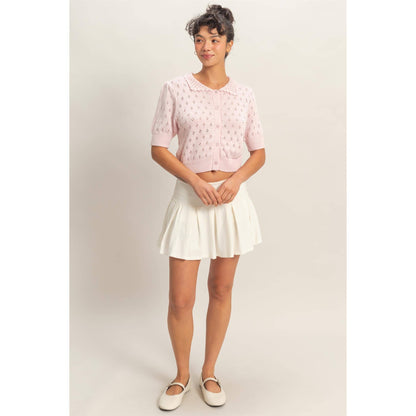 Pointelle Collar Button-Up Puff Sleeve Knit Top