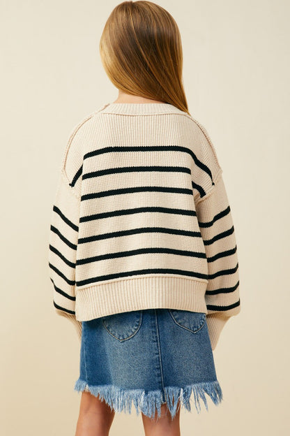 Girls Drop Shoulder Puff Sleeve Striped Sweater Top