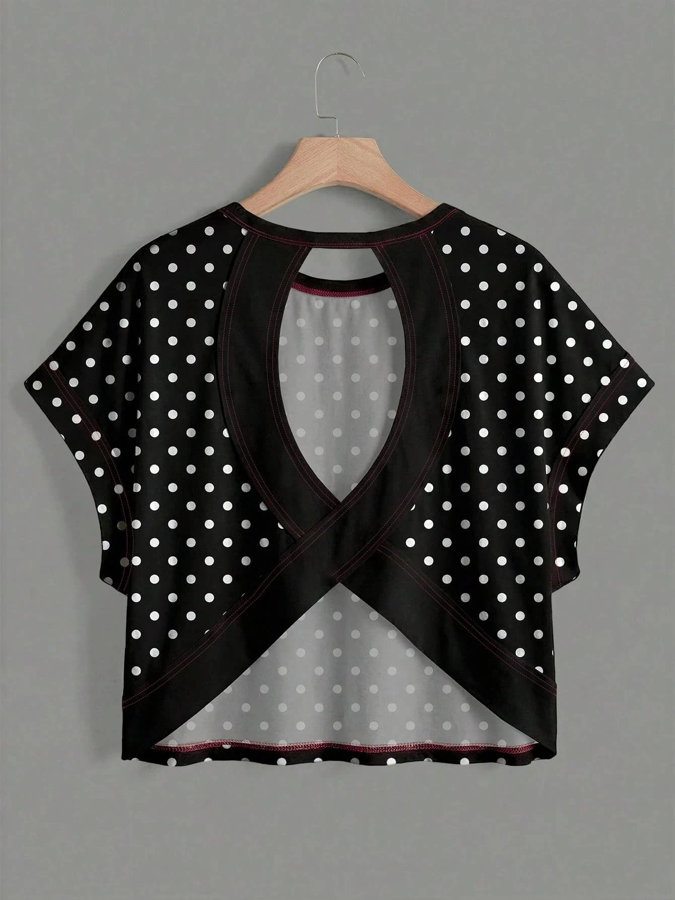 Polka Dots Wrapped Cutout Back Slouchy Tee Workout Shirt