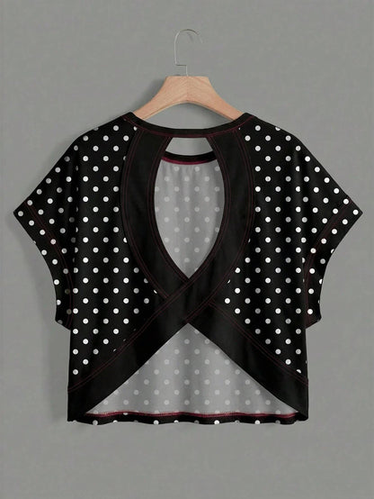 Polka Dots Wrapped Cutout Back Slouchy Tee Workout Shirt