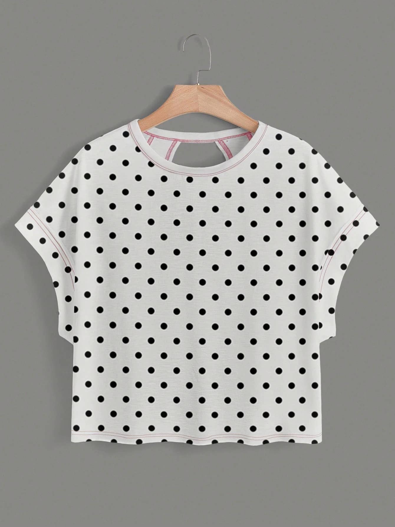 Polka Dots Wrapped Cutout Back Slouchy Tee Workout Shirt