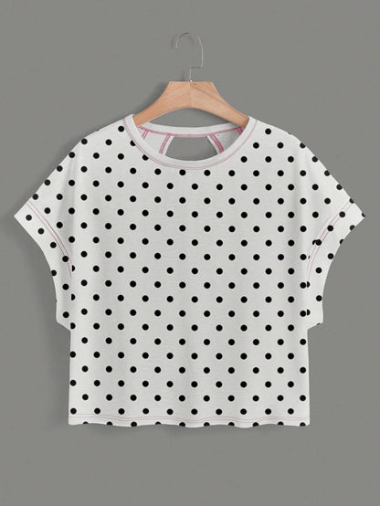Polka Dots Wrapped Cutout Back Slouchy Tee Workout Shirt
