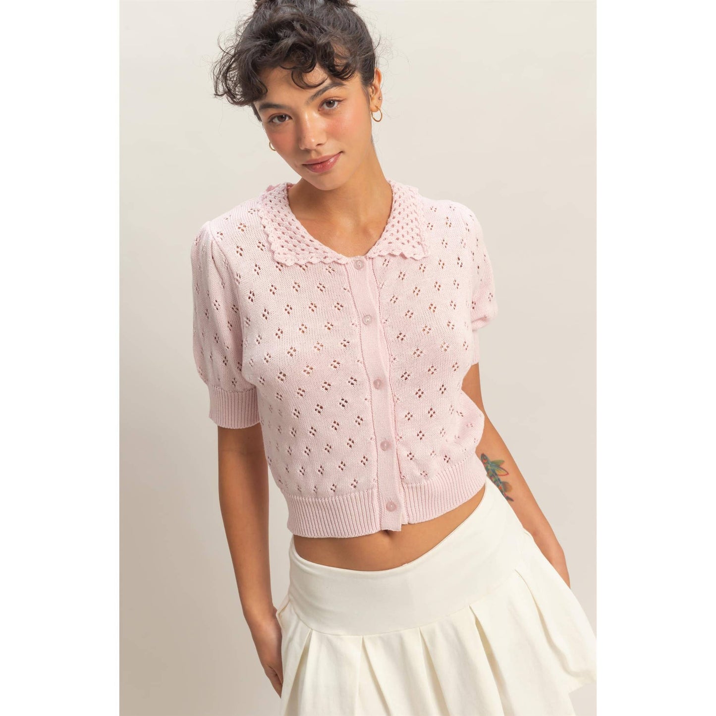 Pointelle Collar Button-Up Puff Sleeve Knit Top