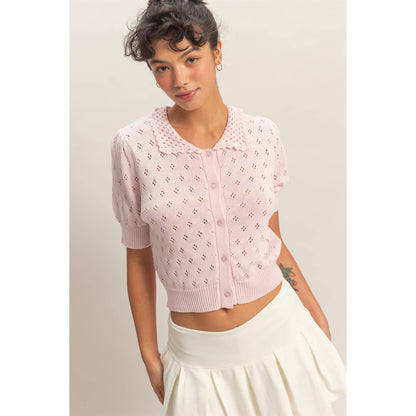 Pointelle Collar Button-Up Puff Sleeve Knit Top