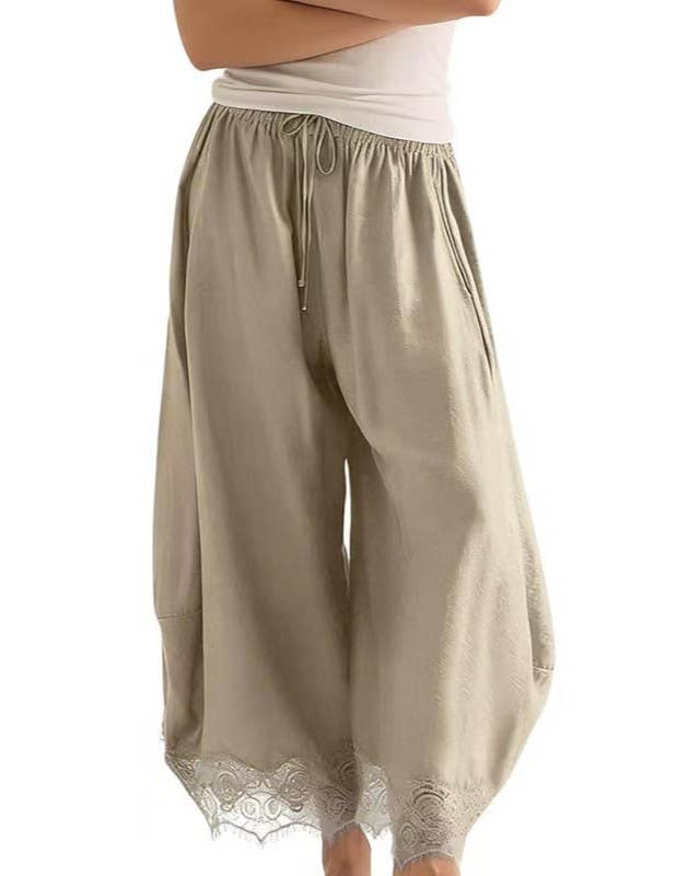 Casual Elastic Waist Lace Hem Loose Wide Leg Ankle Pants