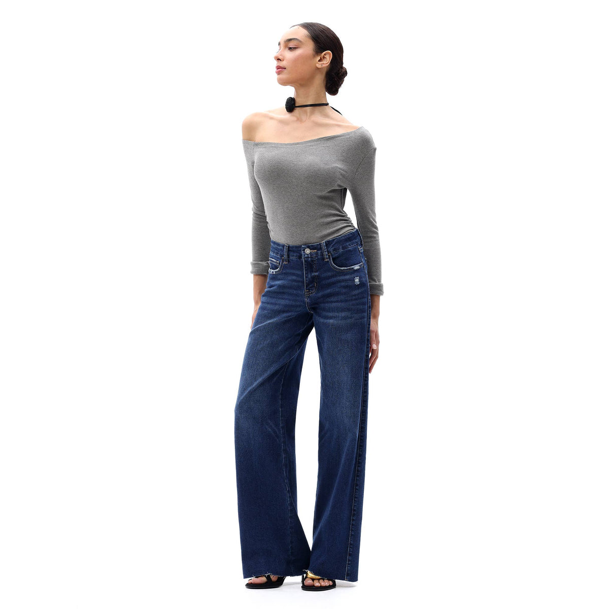 ONESO Mid Rise Wide Leg Jeans Raw Hem Vintage Distressed