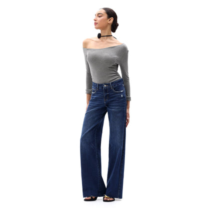 ONESO Mid Rise Wide Leg Jeans Raw Hem Vintage Distressed