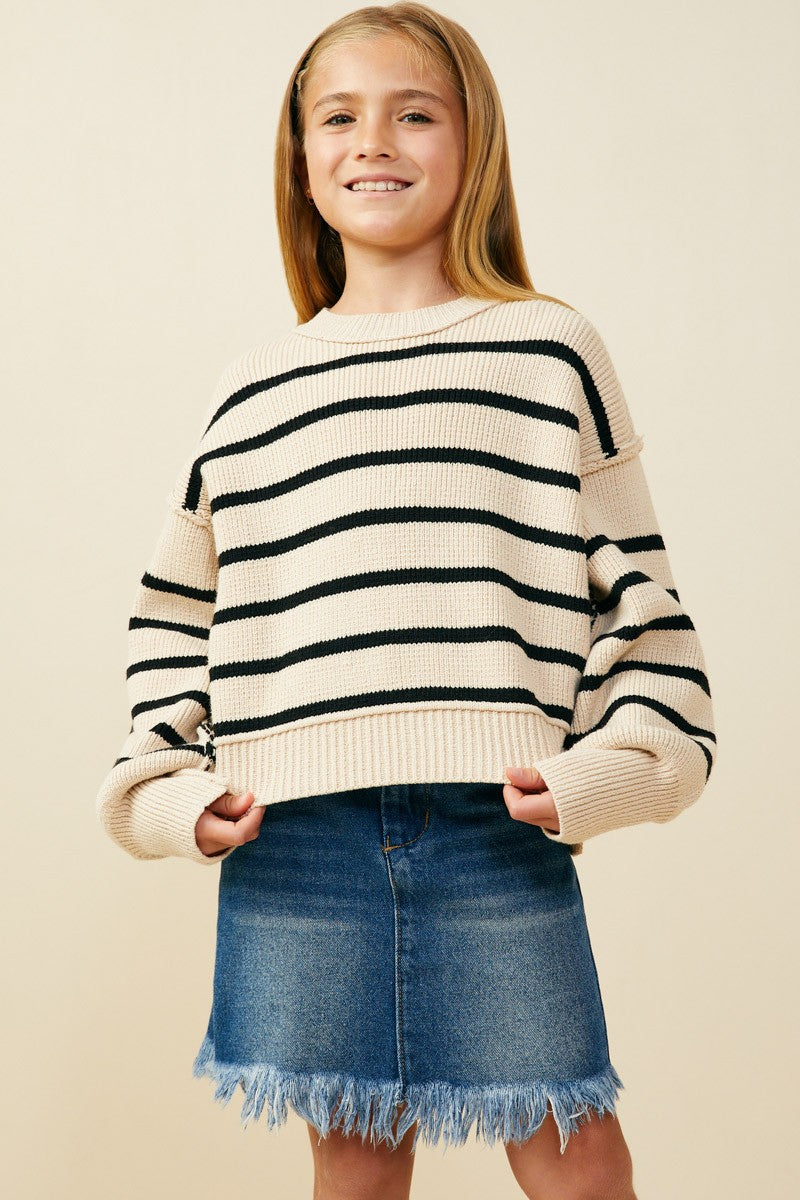Girls Drop Shoulder Puff Sleeve Striped Sweater Top