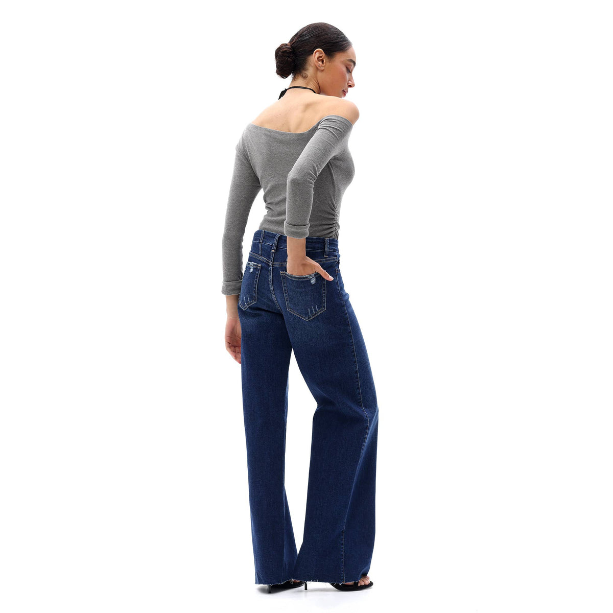 ONESO Mid Rise Wide Leg Jeans Raw Hem Vintage Distressed