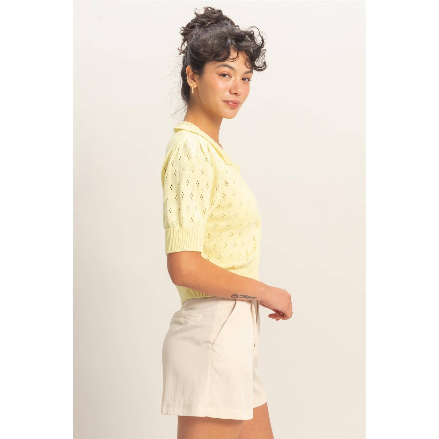 Pointelle Collar Button-Up Puff Sleeve Knit Top