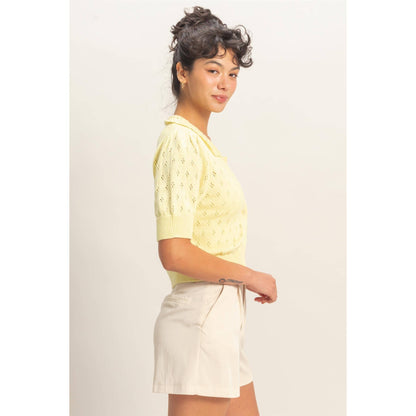 Pointelle Collar Button-Up Puff Sleeve Knit Top