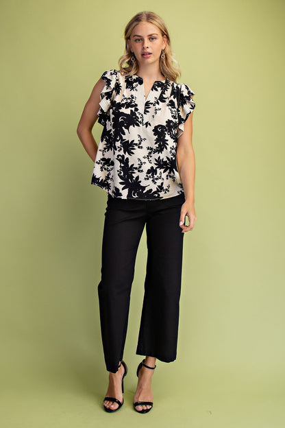 Floral Print Flutter Sleeve V-Neck Blouse with Trapunto Stitching