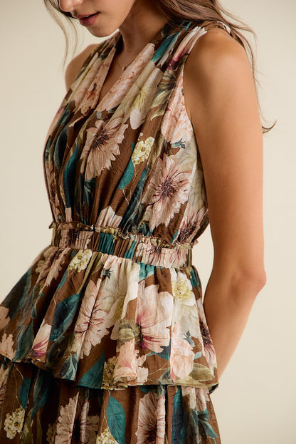 Floral Textured Tiered Maxi Lined Sleeveless Dress