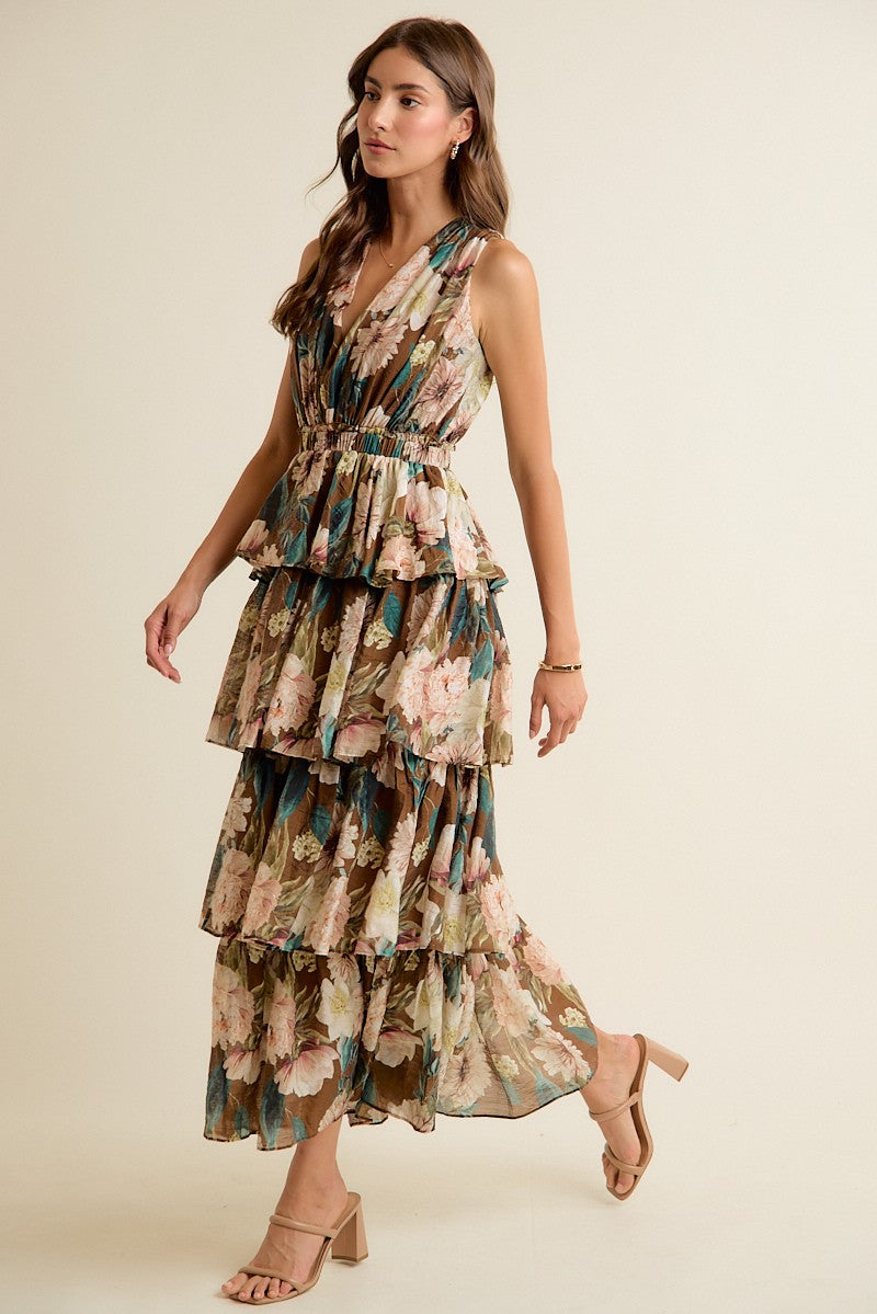 Floral Textured Tiered Maxi Lined Sleeveless Dress
