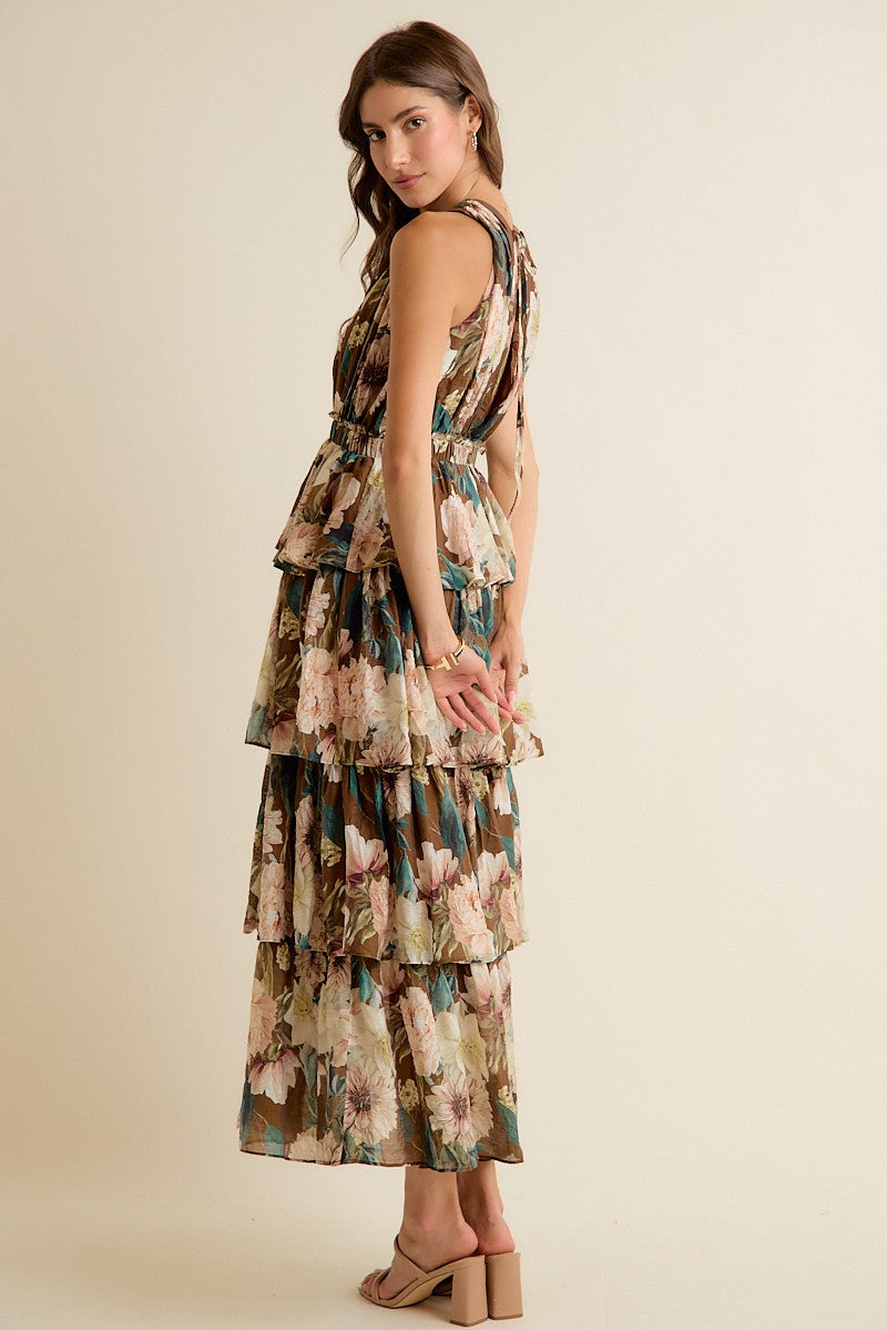 Floral Textured Tiered Maxi Lined Sleeveless Dress