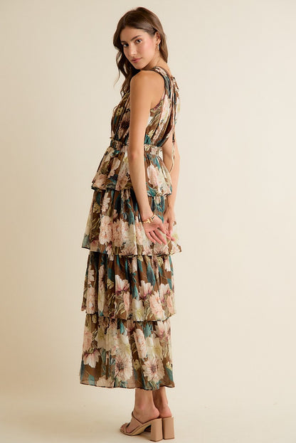 Floral Textured Tiered Maxi Lined Sleeveless Dress