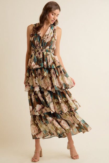 Floral Textured Tiered Maxi Lined Sleeveless Dress
