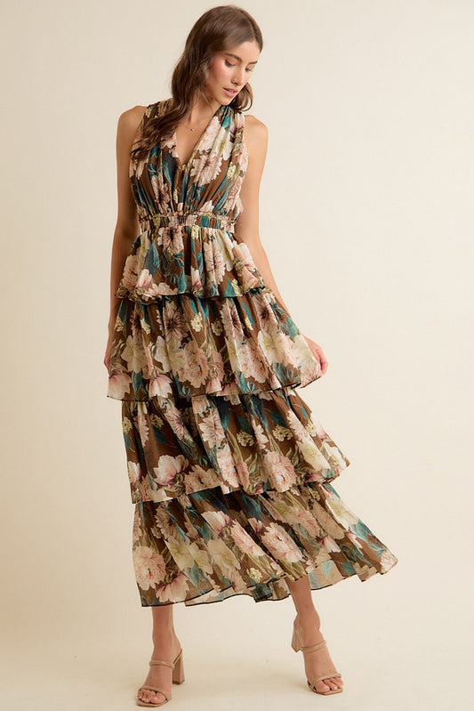 Floral Textured Tiered Maxi Lined Sleeveless Dress