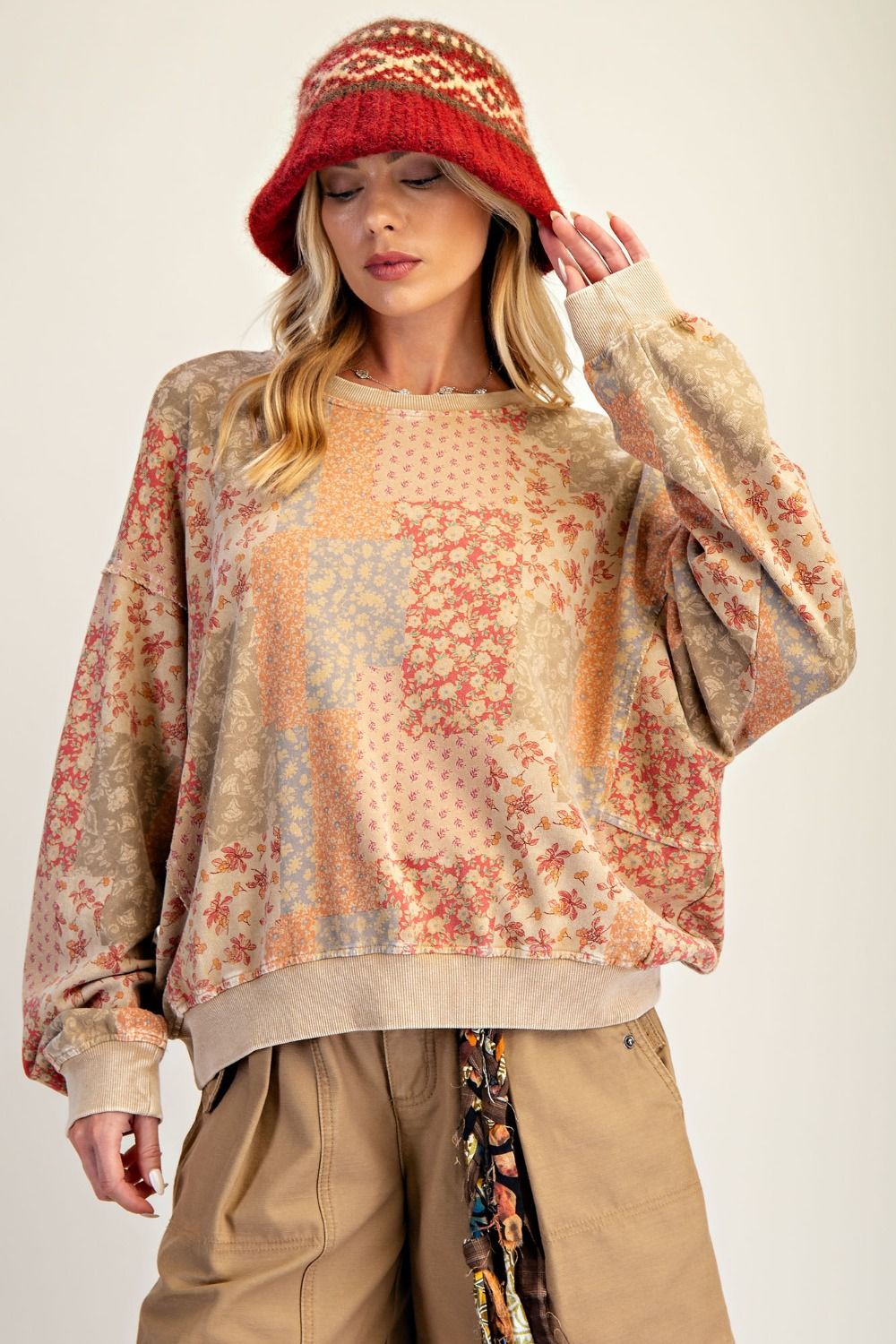Floral Printed Washed Terry Pullover