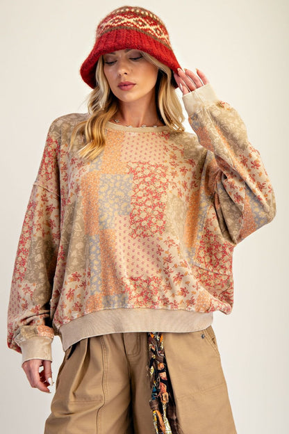 Floral Printed Washed Terry Pullover