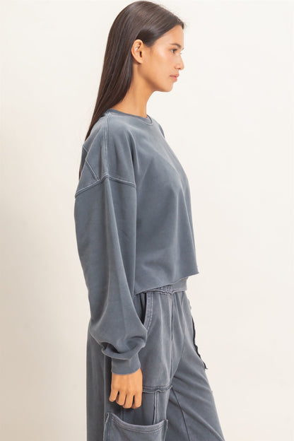 Mineral Wash Raw Hem Cropped Sweatshirt