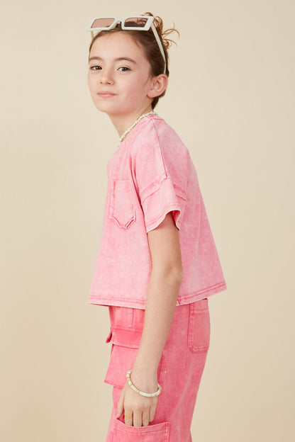 Girls Washed Raw Edge Detail Pocket T Shirt
