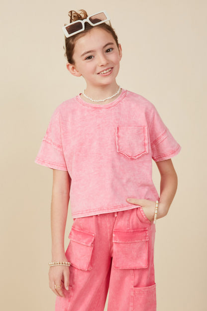 Girls Washed Raw Edge Detail Pocket T Shirt