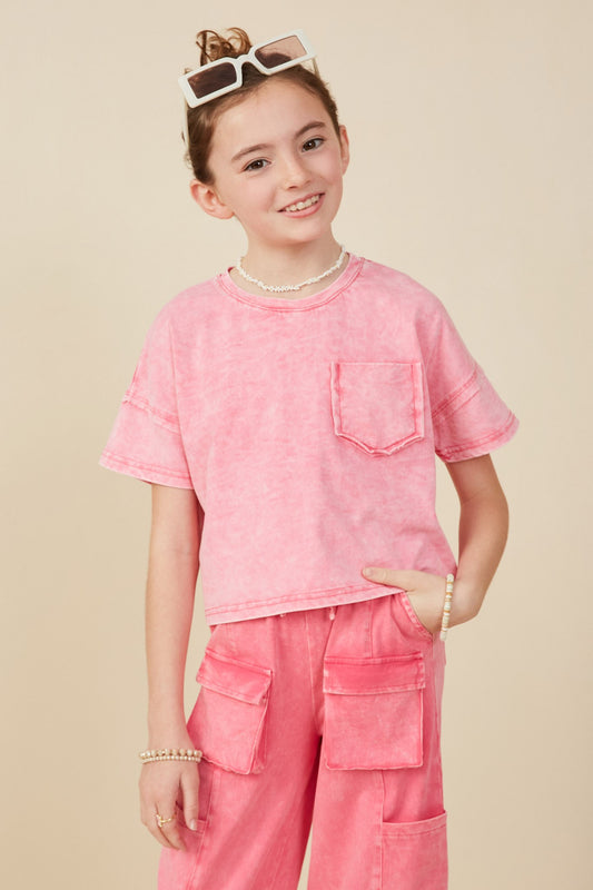 Girls Washed Raw Edge Detail Pocket T Shirt