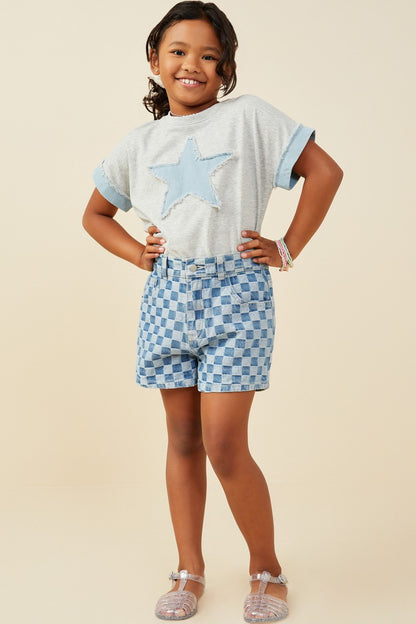 Girls Denim Star Patch Boxy Fit Knit T Shirt