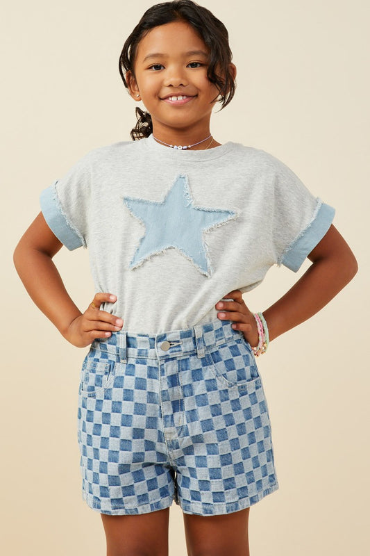 Girls Denim Star Patch Boxy Fit Knit T Shirt