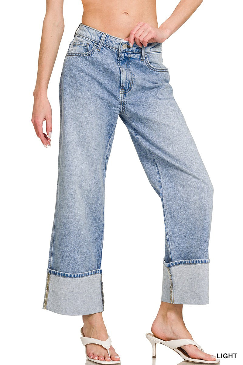 High Rise Cuffed Wide Leg Denim