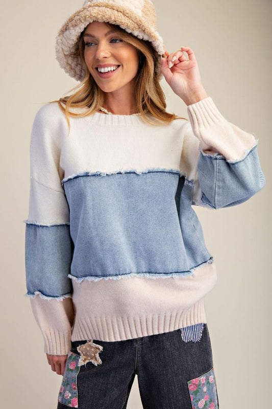 Color Block Denim Mix Sweater Pullover