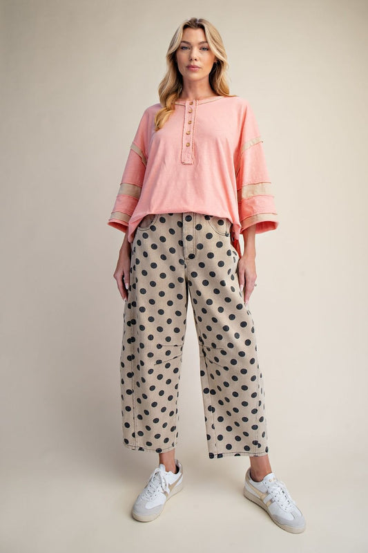 Dots Print Washed Twill Barrel Pants