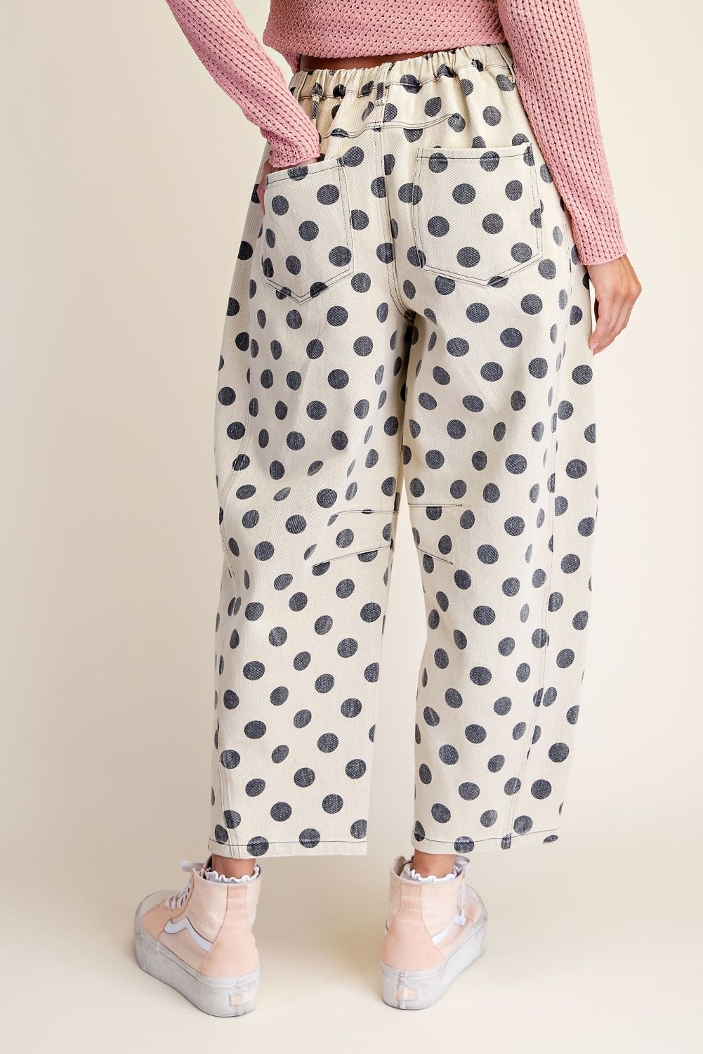 Dots Print Washed Twill Barrel Pants