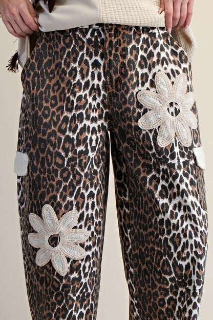 Floral Patch Animal Printed Barrel Pants