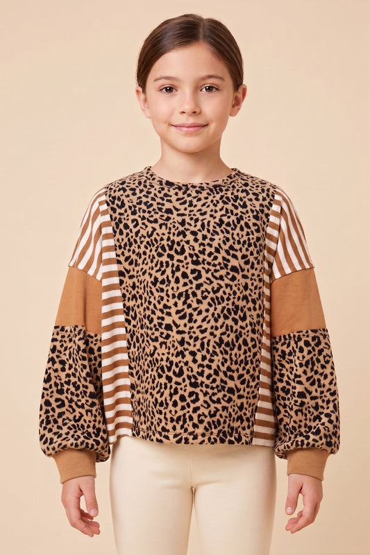 Girls Print Block Leopard Print Sweatshirt