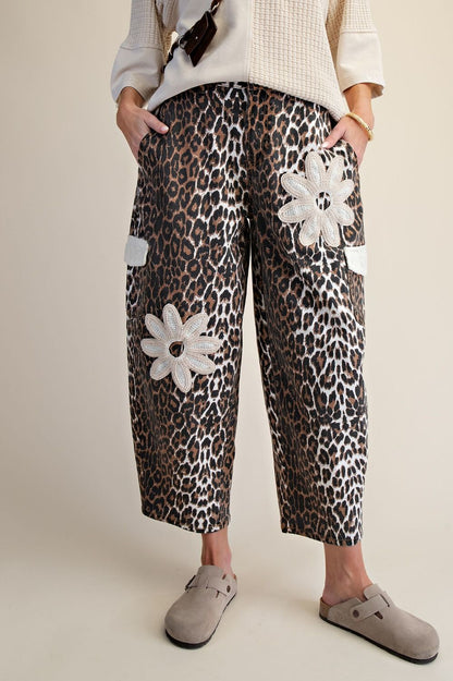 Floral Patch Animal Printed Barrel Pants