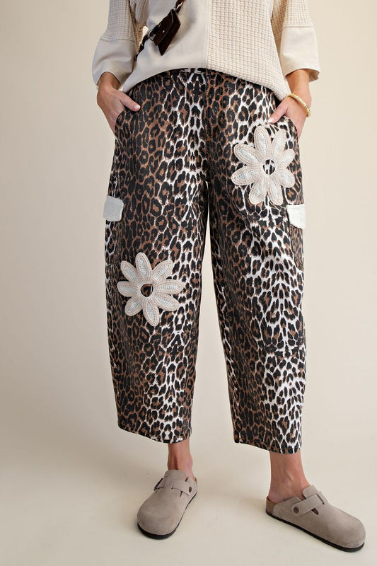 Floral Patch Animal Printed Barrel Pants