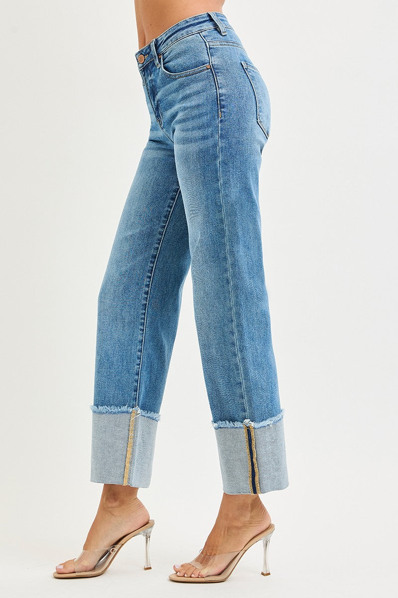 Mid Rise Crop Wide Cuffed Jeans Medium Wash by Risen