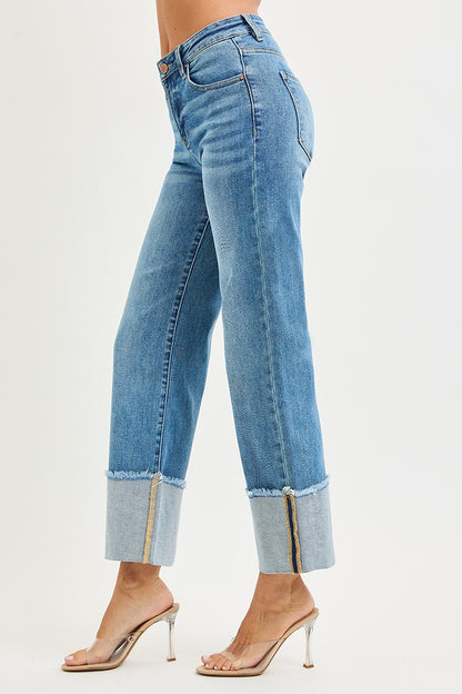 Mid Rise Crop Wide Cuffed Jeans Medium Wash by Risen