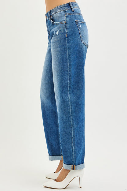 Mid Rise Barrel Double Roll Up Jeans by Risen