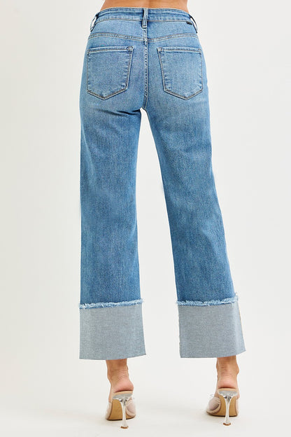Mid Rise Crop Wide Cuffed Jeans Medium Wash by Risen