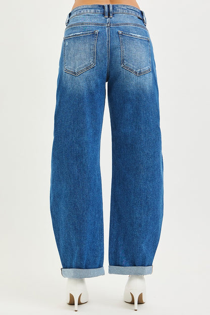 Mid Rise Barrel Double Roll Up Jeans by Risen