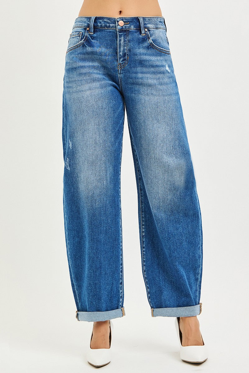 Mid Rise Barrel Double Roll Up Jeans by Risen
