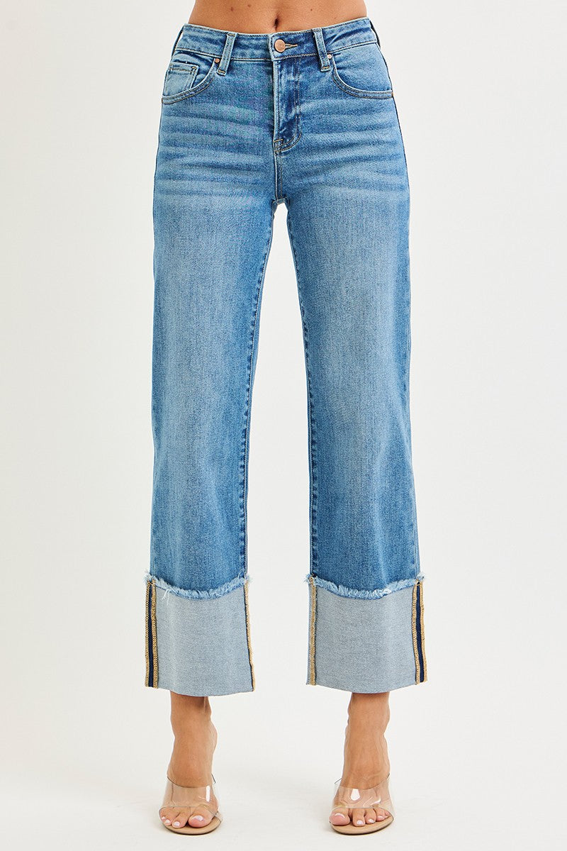 Mid Rise Crop Wide Cuffed Jeans Medium Wash by Risen