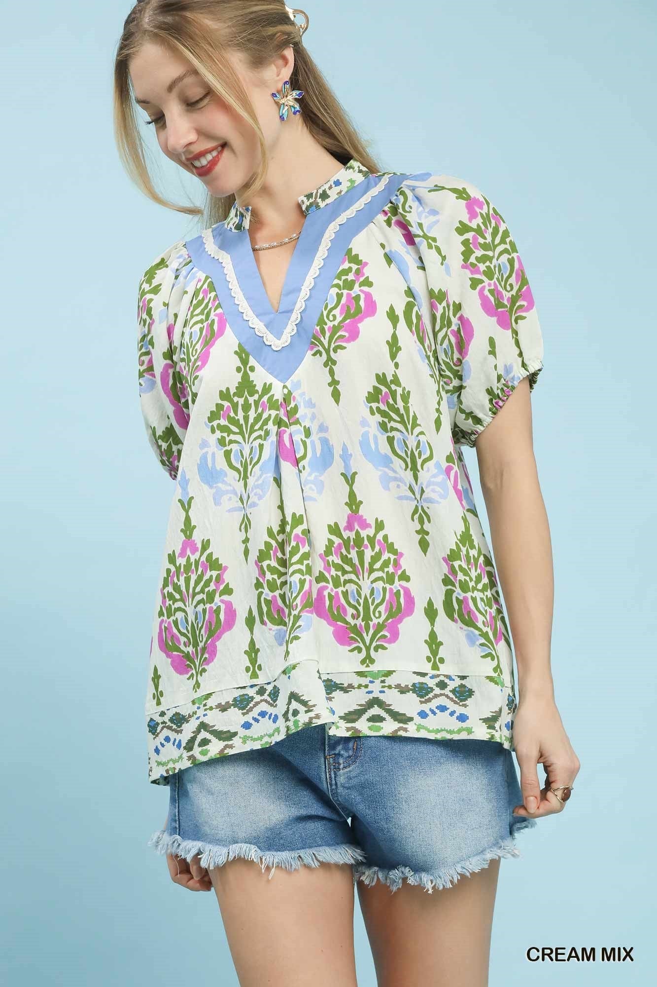 Mix Printed Split Neck Boho Top