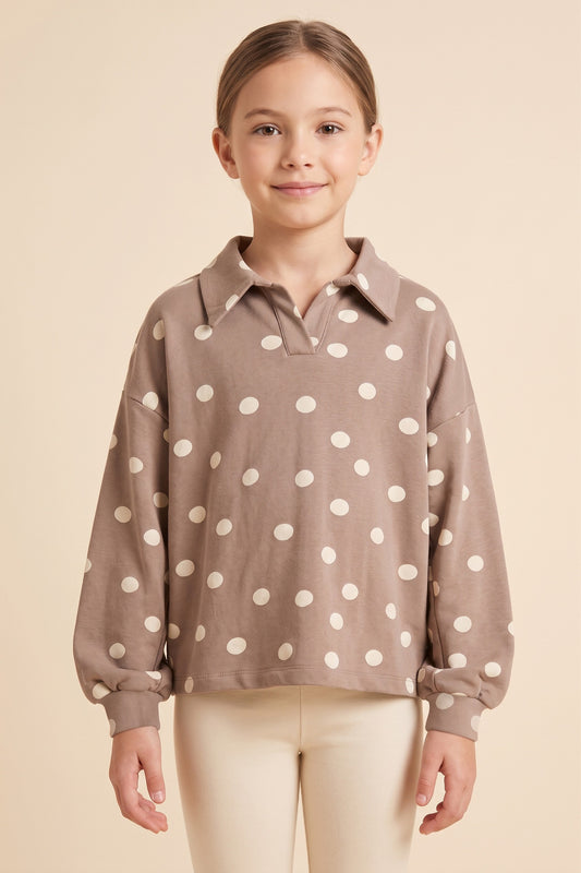 Girls Polka Dot Knit Long Sleeve Collared Shirt