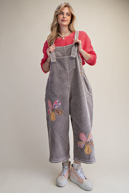 Flower Patch Washed Corduroy Denim Overalls